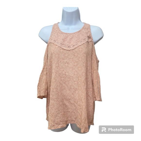HOLLISTER Ladies Cold Shoulder Flutter Sleeves Baby Doll Top Rosey Pink Size M - Picture 3 of 11